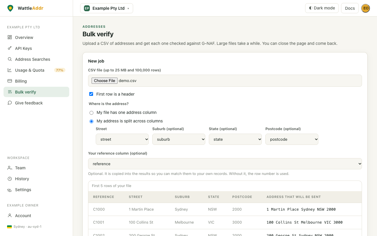 The Bulk verify page in the console, with the box for choosing a CSV file
