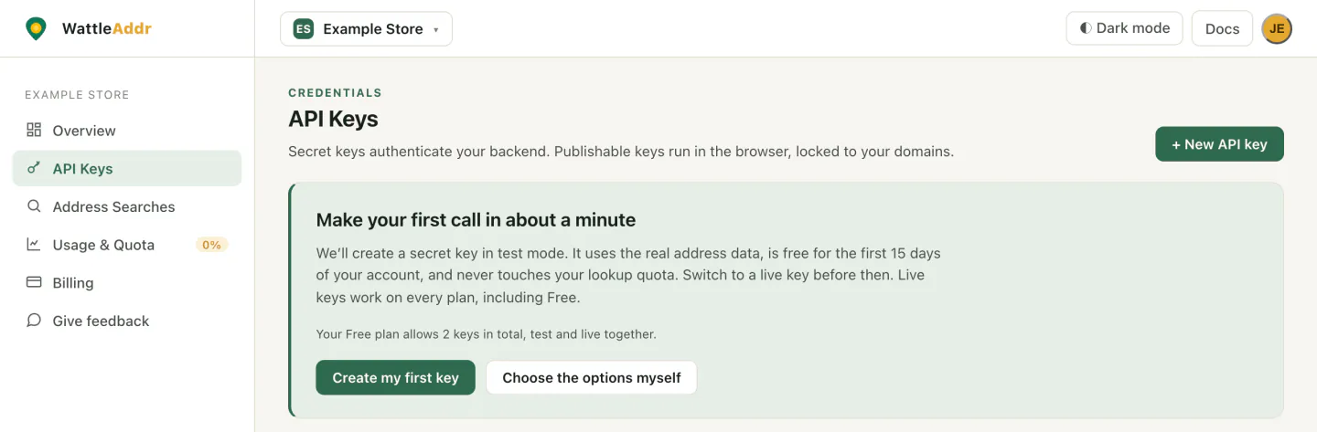 The console's API Keys page for a new workspace. A green panel titled 'Make your first call in about a minute' has two buttons: Create my first key, and Choose the options myself.