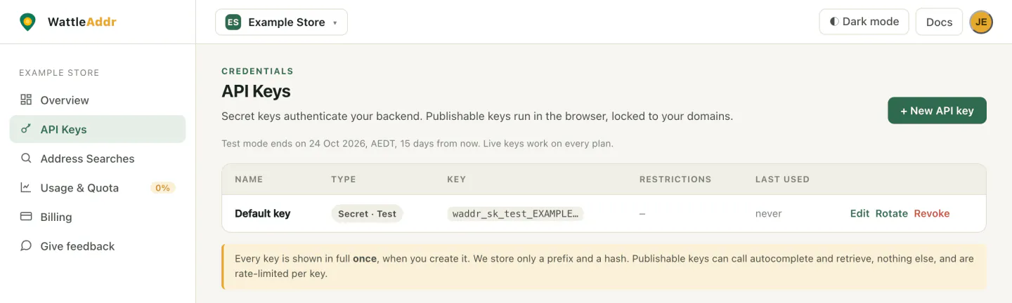 The API Keys list with one row: Default key, type Secret, Test, key shown as waddr_sk_test_EXAMPLE followed by an ellipsis, last used never, with Edit, Rotate and Revoke links.