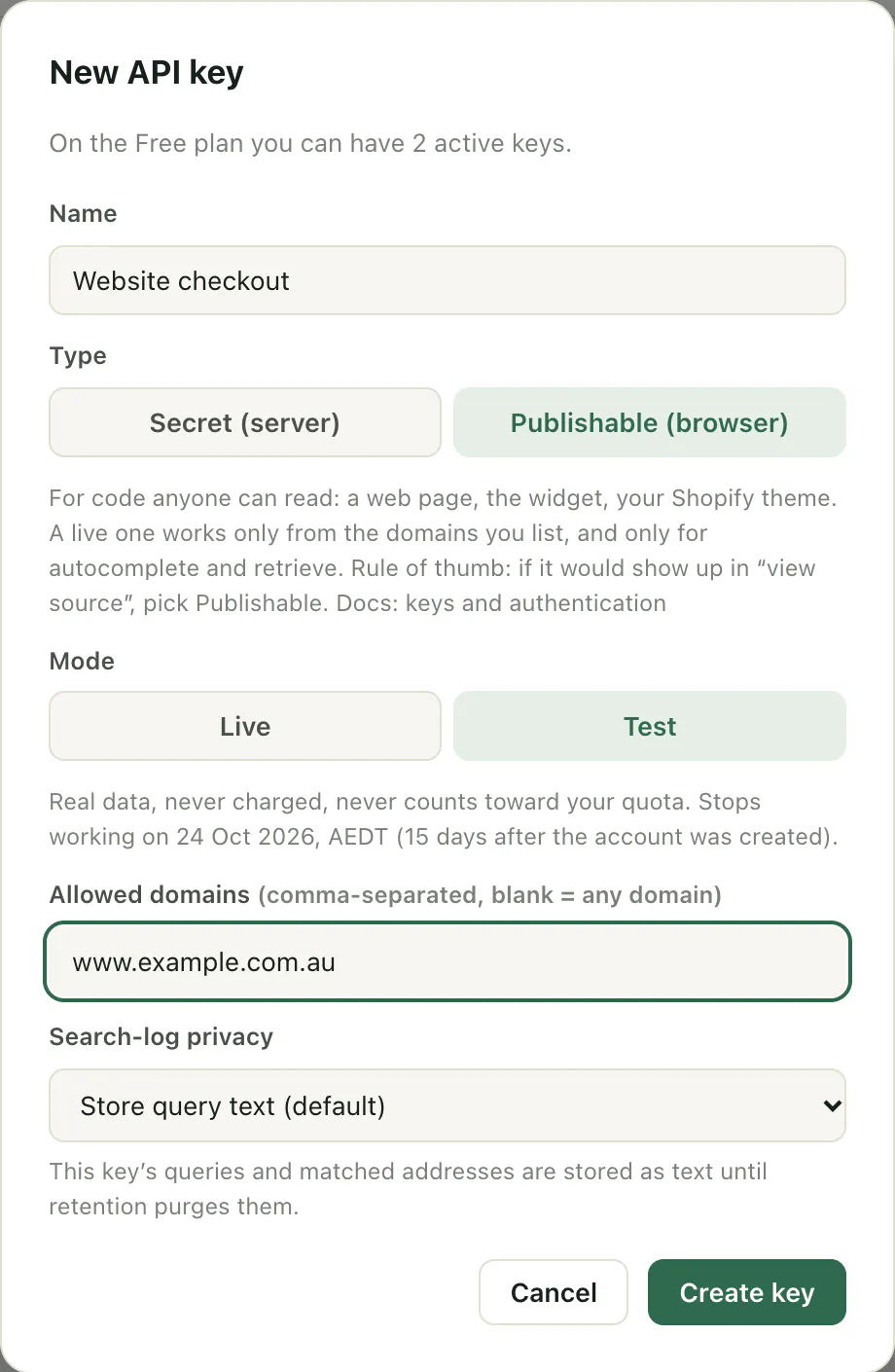 The New API key dialog filled in: name Website checkout, type Publishable (browser), mode Test, allowed domain www.example.com.au, search-log privacy left at the default, and a Create key button.
