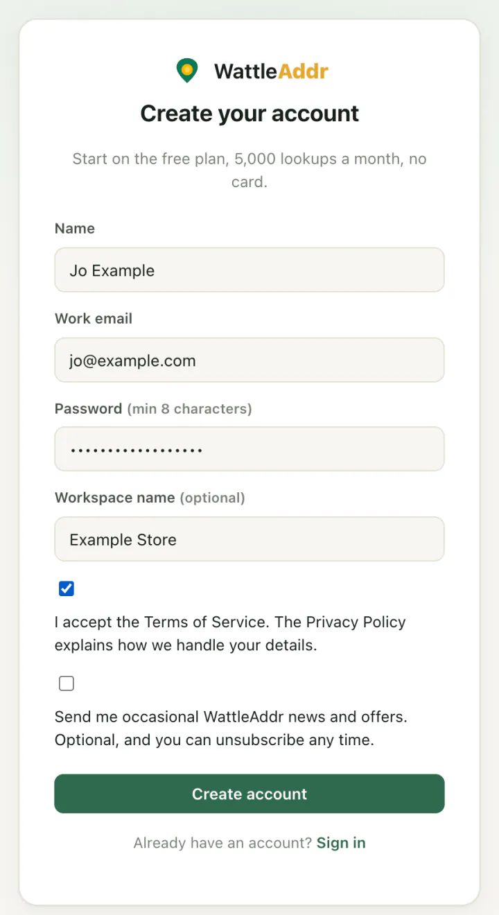 The WattleAddr sign-up form with Name, Work email, Password and an optional Workspace name, a box to accept the Terms of Service, and a Create account button.