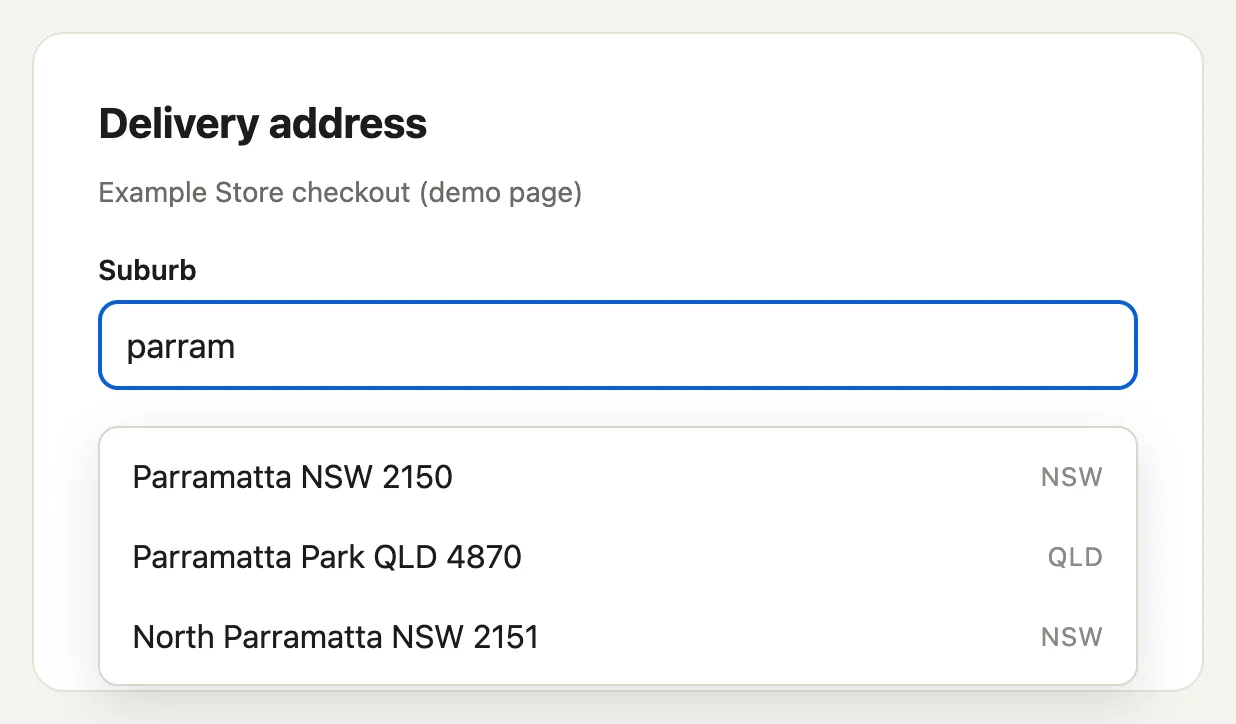 A Delivery address form with a Suburb field containing 'parram'. A list below it offers Parramatta NSW 2150, Parramatta Park QLD 4870 and North Parramatta NSW 2151.
