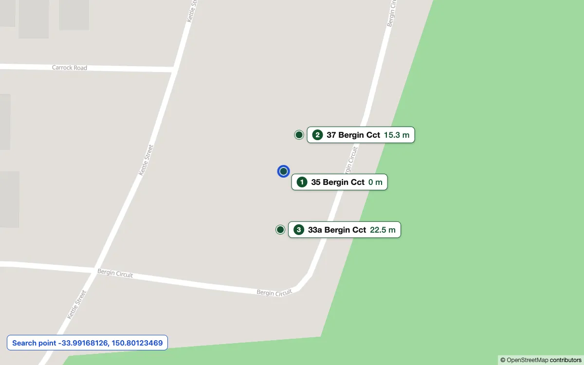 A map of Leppington, New South Wales, with a pin at the search point and three address markers around it. 35 Bergin Cct is at the pin, 0 metres away. 37 Bergin Cct is 15.3 metres away and 33a Bergin Cct is 22.5 metres away.