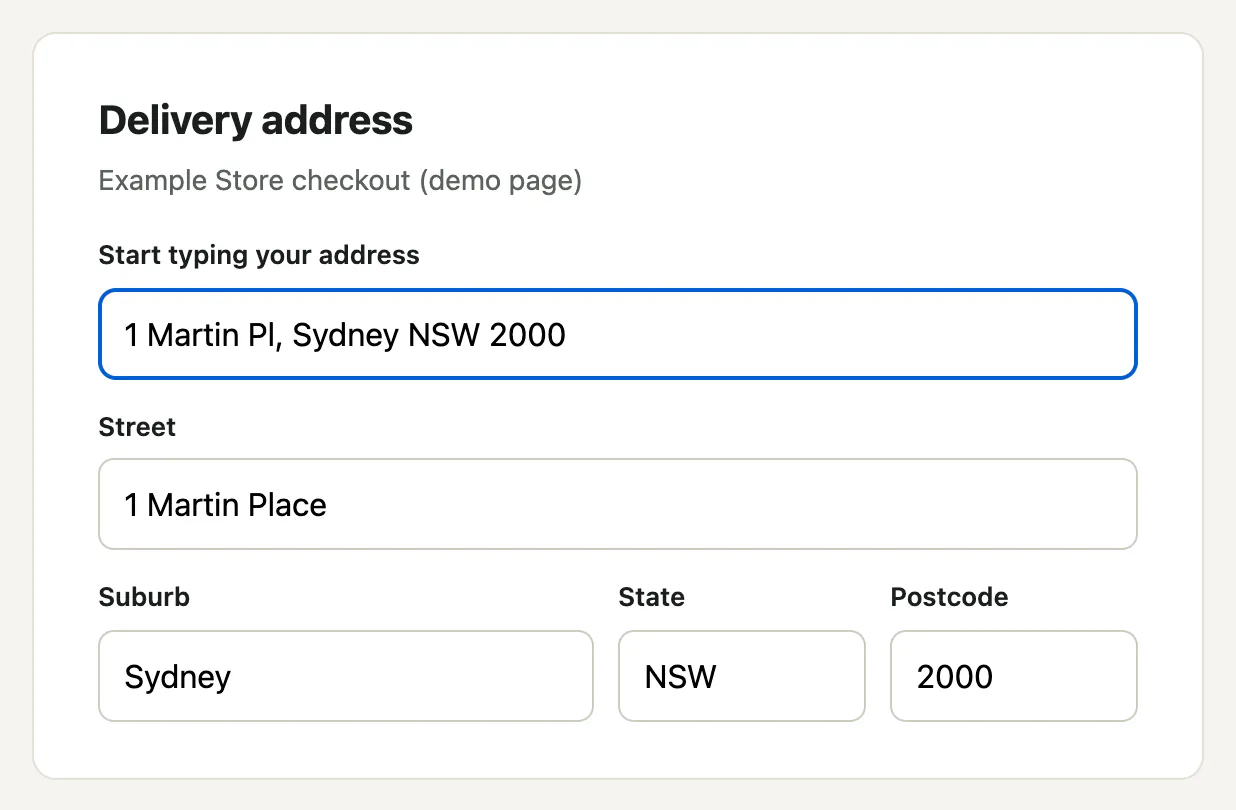The same checkout form after choosing a suggestion. The address box reads 1 Martin Pl, Sydney NSW 2000, and the Street, Suburb, State and Postcode fields are filled with 1 Martin Place, Sydney, NSW and 2000.