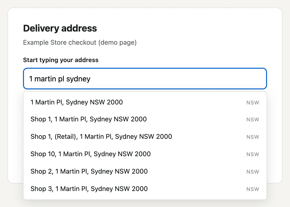 A checkout form titled Delivery address. '1 martin pl sydney' is typed in the address box, and the widget's dropdown lists six suggestions, starting with 1 Martin Pl, Sydney NSW 2000.